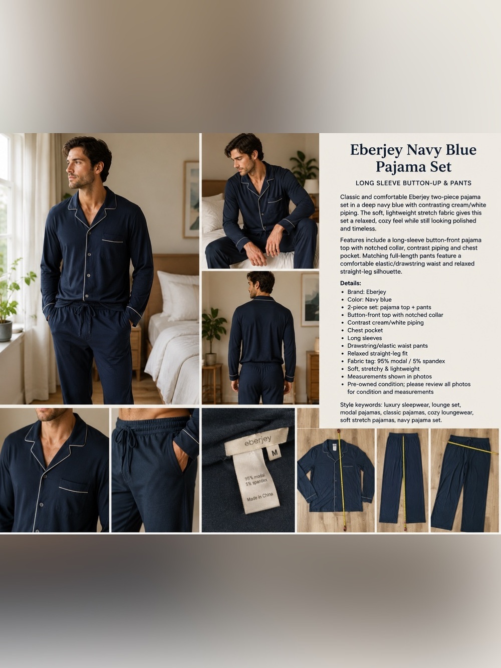 Eberjey Navy Blue Long-Sleeve Pajama Set with Cream Piping